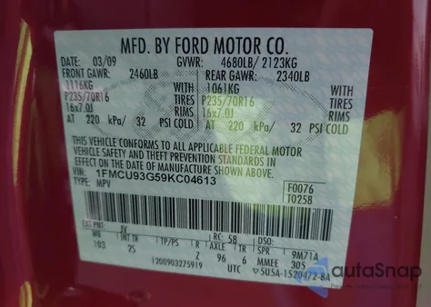 2009 Ford Escape Xlt z USA, uszkodzony, nr VIN 1FMCU93G59KC04613